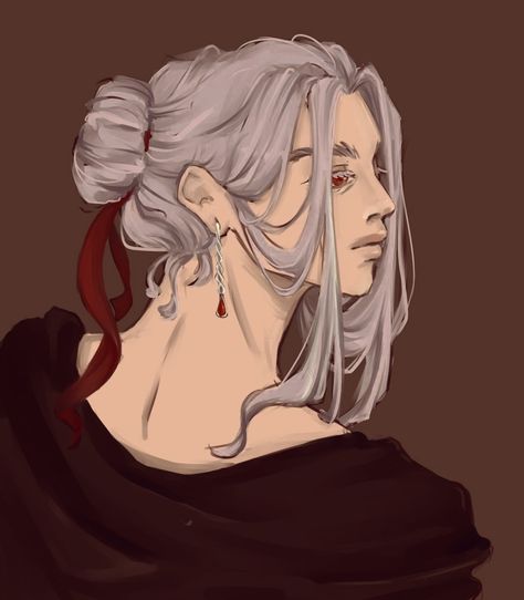 a mysterious sad vampire with graceful eyes and long white hair Gray Hair Character Design, Vampiric Hairstyles, White Haired Vampire Male, Vampire Male Oc, White Haired Vampire, Werewolf Detective, White Hair Vampire, White Haired Male Character Art, White Hair Red Eyes