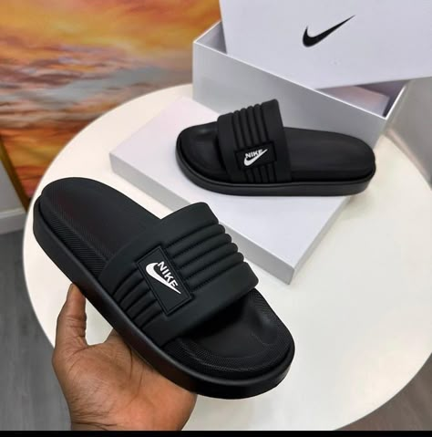 Neat slides available and selling. Sizes 40-45, leave a message or visit our website. #slides #nikeslides #footwears #slidesformen #slidesforkids #slidesforwomen #casual #casualoutfit Best Slippers For Men, Mens Slippers Fashion Style, Sneakers Inspiration, Black Men Casual Style, Zapatillas Louis Vuitton, Slippers For Boys, Shoes Sneakers For Men, Casual Leather Sandals, Guys Fashion Swag