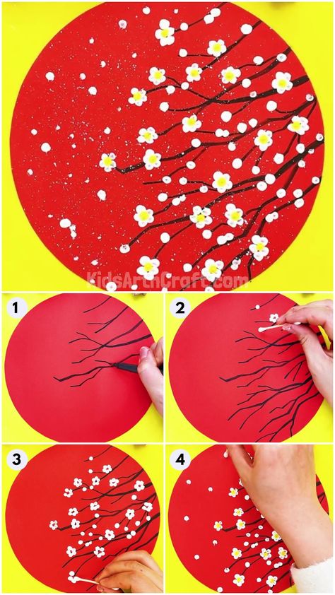 White Cherry Blossom Flowers Painting Using Cotton Buds Check more at https://www.kidsartncraft.com/cherry-blossom-painting-tutorial/ Cotton Bud Painting Ideas, Painting With Cotton Buds, Cotton Buds Craft, Cotton Bud Painting, Painting Jars, Blossom Painting, Cherry Blossom Painting, White Cherry Blossom, Cherry Blossom Flowers