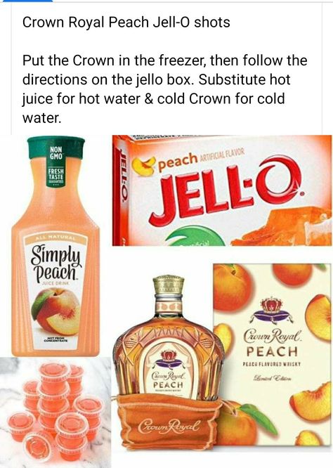 Crown Royal Jello Shots, Crown Jello Shots, Candy Alcohol Drinks, Peach Jello Shots, Crown Royal Peach, Jello Shots Recipe, Peach Jello, Jell O Shots, Pudding Shots