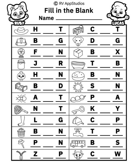 Free Printable Worksheets for Kids - Fill in the Blank Words Worksheets Spelling Practice Worksheets, Alphabet Writing Worksheets, Kindergarten Math Worksheets Addition, Spelling For Kids, Cvc Words Kindergarten, Kindergarten Phonics Worksheets, English Worksheets For Kindergarten, Primary Writing, Grammar For Kids