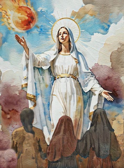 Our Lady Of The Gate Of Dawn, Woman At The Well Painting, Catholic Art Paintings, Our Lady Of Fatima Image, Mary And Jesus Art, Virgin Mary Watercolor, Jesus Watercolor Painting, Saint Painting, Mary Painting