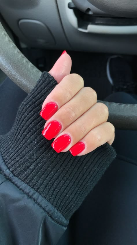 Bright red Bright Red Dip Powder Nails, Red And Pink Dip Powder Nails, Red Nails Powder Dip, Bright Red Gel Nails Short, Sns Dipping Powder Nails Red, Red Gel Nails Square, Bright Red Dip Nails, August Dip Nail Colors, Sns Red Nails