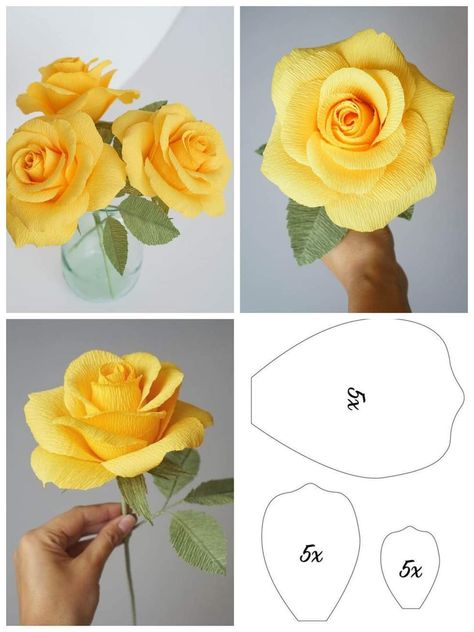 Crepe Roses, Crepe Paper Rose, Giant Flowers Diy, Crepe Paper Roses, Ribbon Flowers Diy, Kraf Kertas, Paper Flower Patterns, Idee Cricut, Paper Flower Art