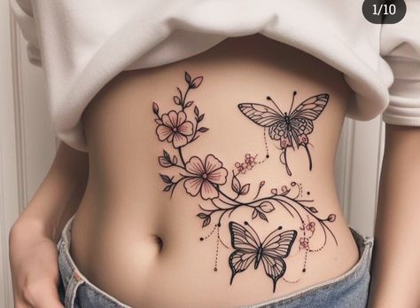 Side Rib Butterfly Tattoo, Butterfly Tatoos Woman, Back Tattoo Women Butterfly, Baddie Tats Front Thigh, Butterfly Chest Tattoo Female, Tummy Tattoos For Women, Side Torso Tattoo, Chest Butterfly Tattoo, Pelvic Bone Tattoo