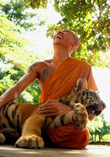 Pure Happiness - Monk with tiger cub. Kinda like "Life Of Pi", wouldn't you say? Yoga Studio Design, Wing Chun, A Tiger, People Of The World, Tai Chi, Happy People, People Around The World, Kung Fu, Animals Friends