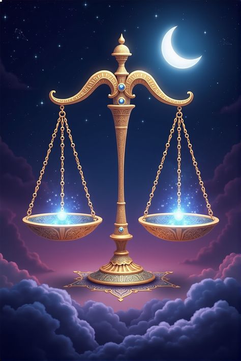 Achieve perfect balance with this stunning Libra zodiac celestial illustration. Featuring elegantly balanced scales adorned with intricate golden and blue patterns, set against a vibrant purple and deep blue starry night sky. The radiant moon and subtle constellations create a harmonious and mystical ambiance, making this artwork ideal for astrology enthusiasts and lovers of sophisticated decor. ⚖️✨ #Libra #ZodiacArt #CelestialDesign #AstrologyDecor #ModernAesthetic Libra Art Goddesses, Libra + Core + Aesthetic, Libra Career, Art Goddesses, Celestial Illustration, Libra Images, Blue Starry Night, Libra Symbol, Libra October