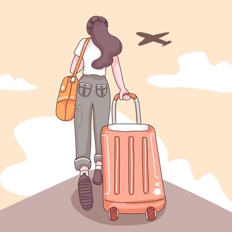 Teenager traveler cartoon character vector Travelling Illustration Art, Travel Drawing Aesthetic, Travel For Vision Board, Girl Travel Drawing, Traveling Animation, Travel Vision Board Aesthetic, Travel Cartoon Illustration, Tourist Drawing, Traveling Drawings