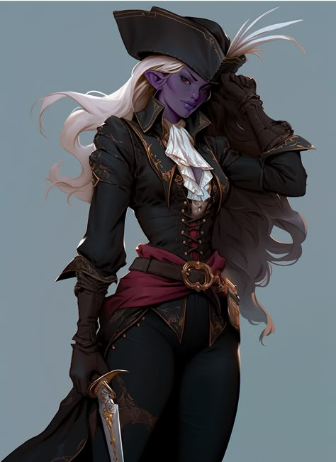 Dnd Drow Pirate, Drow Elf Female Rogue, Dnd 5e Character Art, Drow Rouge, Dnd Pirate Female, Drow Artificer, Drow Pirate, Pirate Dnd Character, Black Dnd Characters