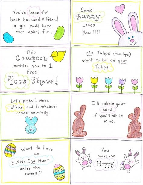 if you want to give your Happy Hubby a basket that is a little more personal, or, shall we say PG-13 (wink wink), then print out these FREE Happy Hubby Easter Basket Cards Husband Easter Basket, Easter Coupons, Love Notes For Husband, Happy Home Fairy, Easter Printables Free, Easter Morning, Starbucks Gift Card, Easter Humor, Easter Printables