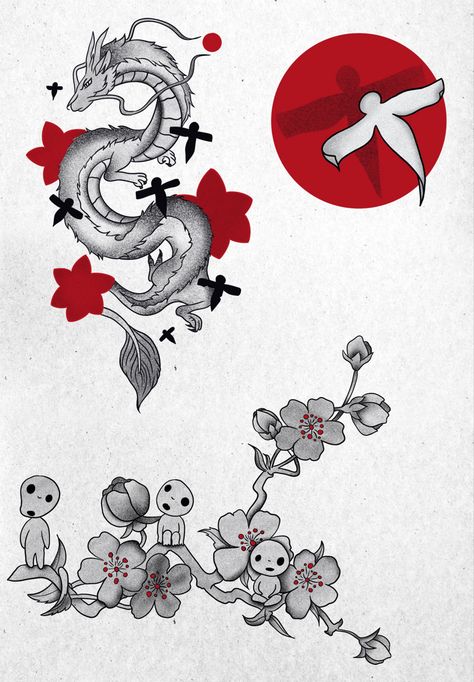 Ghibli Tattoo Ideas, Tattoo Ideas Red, Studio Ghibli Tattoo, Ghibli Tattoo, Cherry Blossom Tattoo, Glass Cups, Tattoo Inspo, Black Tattoos, Studio Ghibli