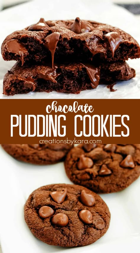 Soft, thick, and oozing with melted chocolate, these CHOCOLATE PUDDING COOKIES are the perfect way to satisfy your chocolate craving! #puddingcookies #chocolatepuddingcookies @Creations by Kara Candies Recipes, Chocolate Pudding Cookies, Pudding Cookies Recipes, Easy Chocolate Pudding, Best Chocolate Desserts, Easy Chocolate Desserts, Cookie Recipes Unique, Biscuit Recipes, Pudding Cookies