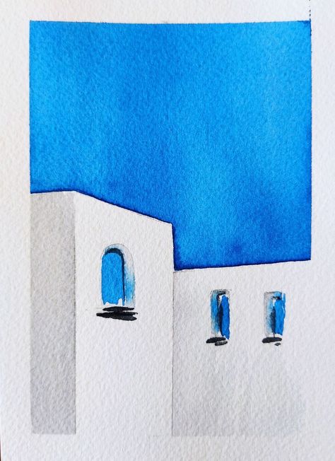 Greek Paintings Easy, Funky Watercolor Art, Greek Watercolor, Simple Watercolor Ideas, Block Watercolor, Abstract Watercolor Tutorial, Watercolor Buildings, Watercolor Practice, Travel Watercolor