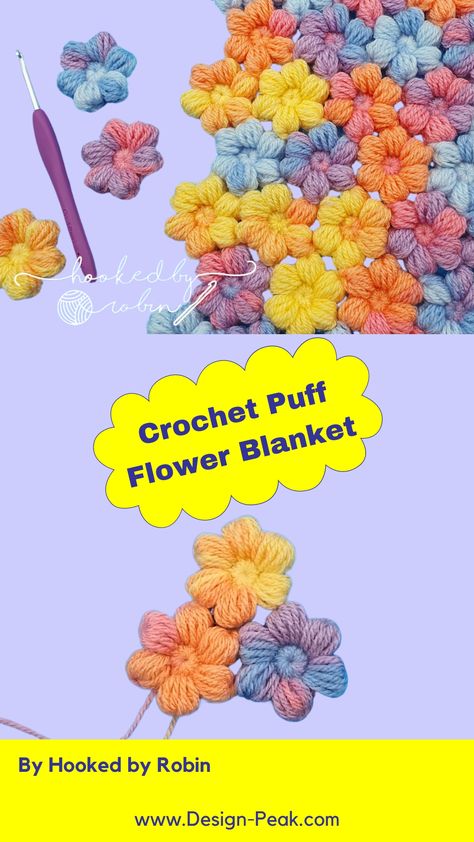 Crochet and Join Puff Flowers Into Blanket – Tutorials & More How To Connect Crochet Puff Flowers, Puff Flower Blanket Crochet, Easy Crochet Flower Blanket, Crochet Puff Flowers Free Pattern, Puff Flower Crochet Pattern, Flower Crochet Blanket, Bubble Flowers, Baby Cocoon Pattern, Knitting Quilt