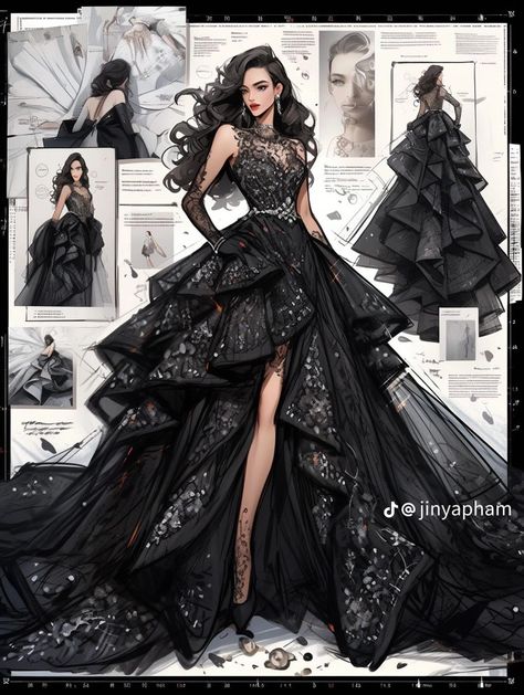 Victorian Dress Gown, Gown Drawing, Book Dress, Black Ball Gown, Elegant Outfit Classy, Elegant Black Dress, Fashion Design Collection, Fantasy Dresses, Fashion Drawing Dresses