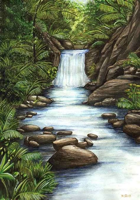 Jungle Waterfall Tattoo, Jungle Watercolor Painting, Jungle Drawing Sketches, Jungle Doodle, Jungle Sketch, Waterfall Sketch, Watercolor Waterfall, Waterfall Tattoo, Beautiful Scenery Paintings