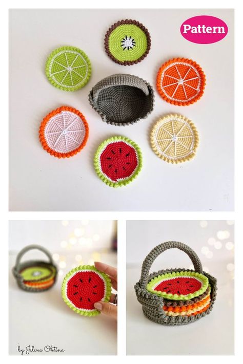 Fruit Coasters and Coasters Holder Crochet Pattern Crochet Coaster And Holder, Crochet Fruit Coasters, Crochet Coasters With Holder, Crochet Coaster Holder, Crochet Coasters For Beginners, Diy Crochet Coasters, Fruit Coasters, Coasters Holder, Crochet Coaster Set