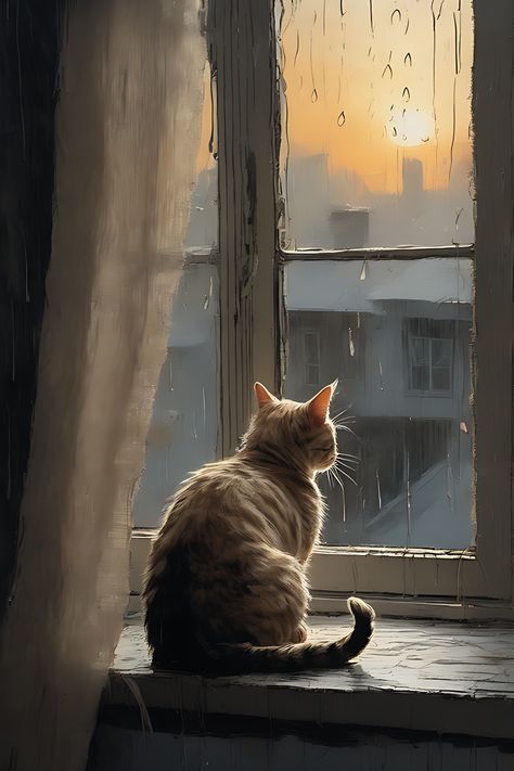 A cat sitting in front of the window staring at the window in the rain Cat Looking Through Window, Looking Out A Window Painting, Cat Looking Out Window Painting, Rain Window Painting, Rain On Window Painting, Cat Window Painting, Windowsill Seat, Cat Sitting On Window Sill, Rainy Window Painting