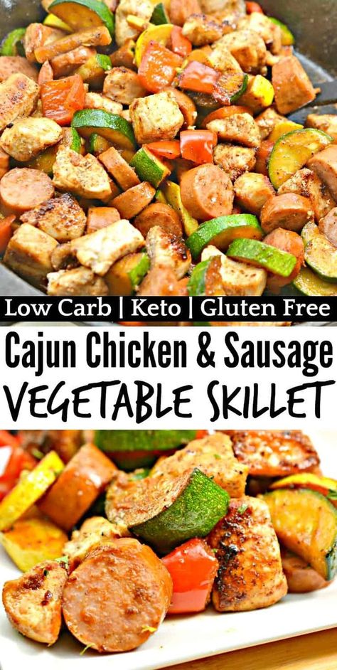 Keto Cajun Chicken and Sausage Vegetable Skillet #keto #ketorecipes #cajunchickensausages #ketodinner Keto Cajun Chicken, Sausage Keto, Cajun Chicken And Sausage, Vegetable Skillet, Chicken Sausage Recipes, Chicken And Sausage, Diet Breakfast Recipes, Cajun Chicken, Best Keto Diet