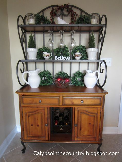 Baker's Rack decorated for Christmas.  #bakersrack #shelfstyling #christmasdecor #christmasdecorations #christmasdecorideas Bakers Rack Coffee Bar, Bakers Rack Decorating, After Christmas Decorating Ideas, Bakers Rack Kitchen, Bakers Racks, Rack Decor, Grape Kitchen Decor, Baker's Rack, Coffee Bar Ideas