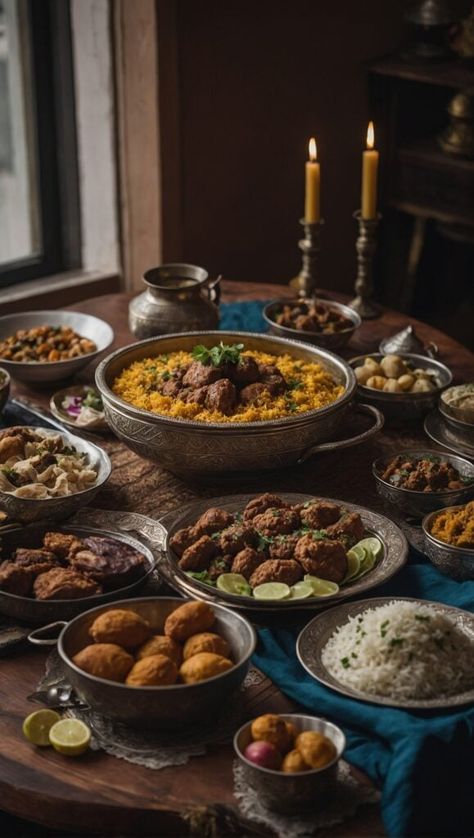 A traditional feast with various dishes including rice, curries, and breads, served in metal bowls on a wooden table for Eid al-Adha, illuminated by candlelight. Muslim Food, Metal Bowls, Fusion Dishes, Lamb Dishes, Eid Ul Fitr, Lentil Stew, Dessert Appetizers, Vegetarian Options, Eid Al Adha