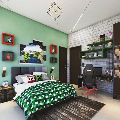 11+ Minecraft Bedroom Ideas That Rock in 2023 | Houszed Boys Minecraft Bedroom, Gamer Bedroom Ideas, Minecraft Bedroom Ideas, Minecraft Room Decor, Minecraft Bedroom Decor, Cool Bedrooms For Boys, Gamer Bedroom, Cool Bedrooms, Dinosaur Bedroom