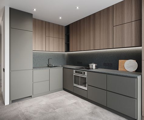 Grey And Wood Kitchen Modern, Grey And Beige Kitchen, Modern Kitchen Colours, Greige Kitchen, Modern Grey Kitchen, Minimal Kitchen Design, Light Grey Kitchens, Серая Кухня, Kitchen Layout Plans