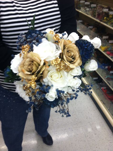 Blue gold and white bouquet Blue And Gold Flower Arrangements, Blue And Gold Flowers, Gold Wedding Bouquets, Homecoming 2024, Homecoming Flowers, Navy Gold Wedding, Gold Bouquet, Wedding Gifts Packaging, Prom 2024