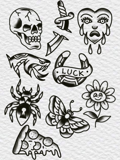 3x3 Flash Tattoo, Classic Tattoo Old School, American Traditional Black Tattoo, Small Old School Tattoo, Trad Flash, Old School Tattoo Design Black, European Traditional Tattoo, Sailor Jerry Flash Sheet, Traditional Tattoo Illustration