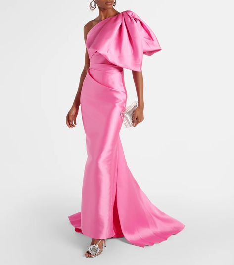 Priya bow-detail draped satin gown in pink - Solace London | Mytheresa Pink Mother Of The Bride, Evening Wedding Guest Dresses, Chic Winter Coat, Unique Party Dresses, Solace London, Drape Gowns, London Outfit, Pink Gowns, Column Gown