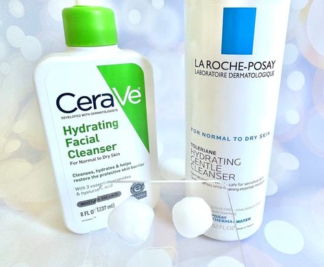 CeraVe Hydrating Facial Cleanser vs La Roche-Posay Toleriane Hydrating Gentle Cleanser, bottles next to samples on clear cosmetic spatula. La Roche Posay Hydrating Cleanser, Cerave Sa Smoothing Cleanser Review, Cerave Hydrating Cream To Foam Cleanser, Cerave Foaming Facial Cleanser For Normal To Oily Skin, Cerave Face Wash & Cleansers, Cerave Cleanser, Gentle Facial Cleanser, Drugstore Skincare, Hydrating Cleanser