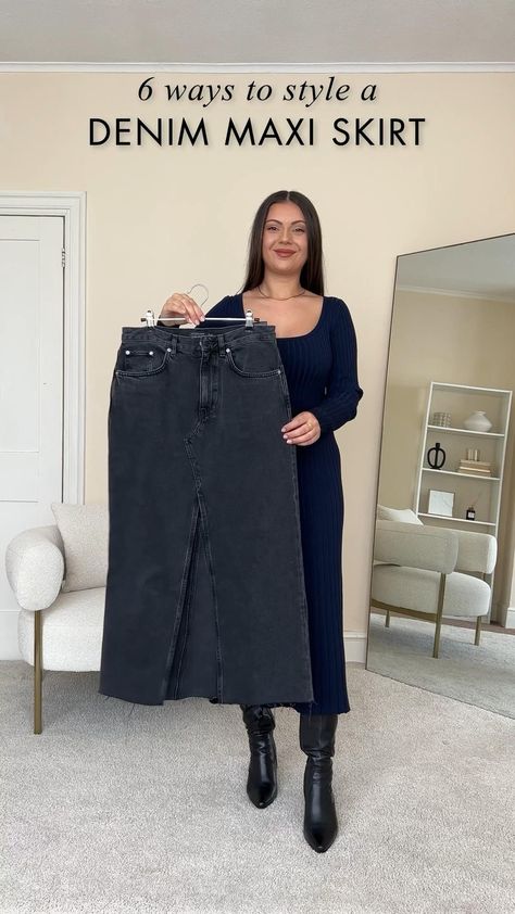 Denim Skirt Winter, Jean Skirt Outfits Fall, Maxi Denim Skirt Outfit, Denim Skirt Outfit Winter, Maxi Skirt Fashion, Winter Maxi Skirt Outfit, Midi Skirt Outfit Winter, Demin Skirt Outfit, Denim Midi Skirt Outfit