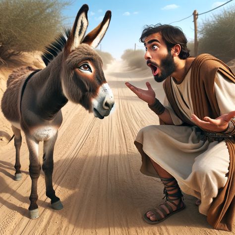 Image of a comical scene where a man in ancient biblical attire is having an argument with a donkey on a dusty road. The man, named Balaam, appears surprised and slightly frustrated, engaging in a conversation with the donkey. The donkey looks expressive and is almost human-like in its gesture, as if it's talking back. The setting is a typical Middle Eastern landscape, with sparse vegetation... Biblical Attire, Love In Bible, Funny Bible Verses, Bible Heroes, Bible Mapping, Christian Stories, Bible Prints, Jesus Christ Artwork, Bible Images