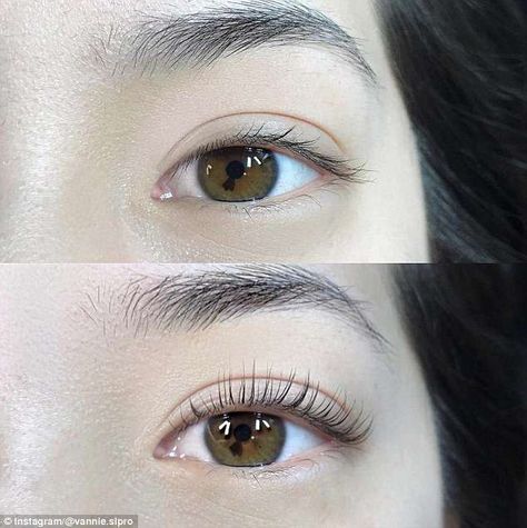 Before and after: 'Lash perming has been around for a really long time but the old school way of performing the service used liquids that were dangerous around the eye area,' said Courtney. 'The new school lift uses creams which are much safer as they are easy to control.' For more transformations check out Sugarlash PRO's Instagram Eyelash Lift And Tint, Very Easy Hairstyles, Lash Perm, Different Types Of Curls, Everyday Eye Makeup, Natural Makeup For Brown Eyes, Eyelash Perm, Natural Eyelash Extensions, Eyelash Lift