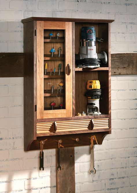 Shop Storage | Popular Woodworking Magazine Router Cabinet, Storage Cabinet Ideas, Router Storage, Tool Storage Cabinets, Shop Stool, Cheap Storage, Shop Cabinets, Workbench Plans, Woodworking Magazine