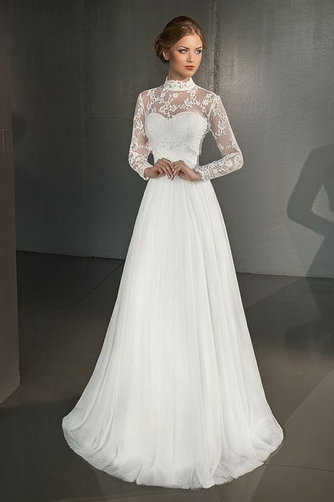 Wedding Dress High Neckline, High Neckline Wedding Dress, High Neck Long Sleeve Wedding Dress, High Neck Bridesmaid Dresses, Long Sleeve Bridal Gown, Long Sleeve Wedding Gowns, High Neck Wedding Dress, Neck Wedding Dress, Chiffon Wedding Dress