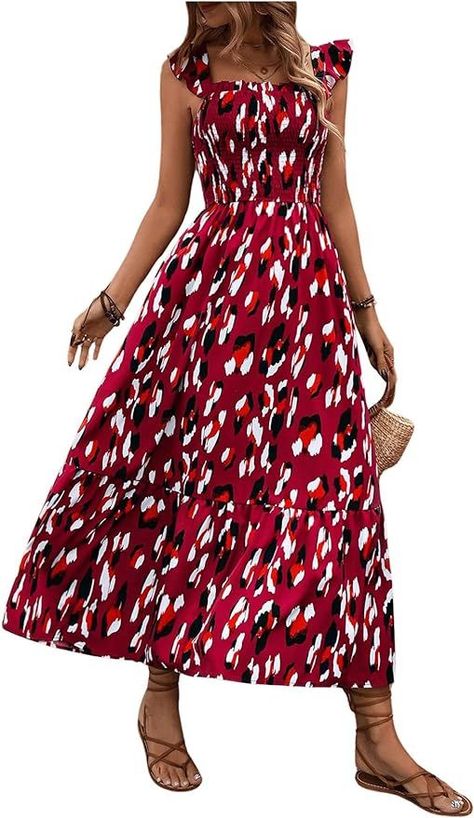 Casual Floral Print Spaghetti Strap Square Neck Long Maxi Dress Beach Sun Dress #AD Sun Dress Long, Boho Dress Casual, Summer Boho Dress, Beach Outfit For Women, Maxi Dress Beach, Summer Sun Dress, Boho Beach Dress, Boho Summer Dresses, Beach Boho