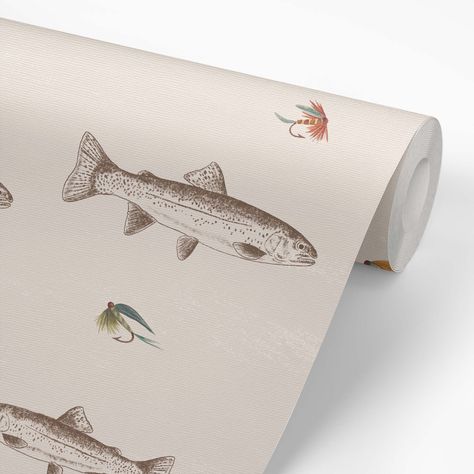 Fly Fishing Wallpaper - Brown – Ayara Home Cream And Green Wallpaper, Fly Fishing Wallpaper, Trout Wallpaper, Fishing Bathroom, Wallpaper For Boys Room, Vintage Fishing Decor, Fishing Wallpaper, Fish Bathroom, Lake Wallpaper