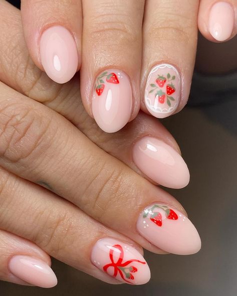 | Strawberries 🍓 Prep | @officialnavyprofessional @willowacademy_lj Created using | @the_gelbottle_inc Topped with @lunuluxe… | Instagram Strawberry Accent Nail, Strawberry Nails Aesthetic, Strawberry Nails Simple, Simple Strawberry Nails, Cute Bow Nails, Gel Design Nails, Vintage Nails Aesthetic, Tennis Nails, Winter Vacation Nails