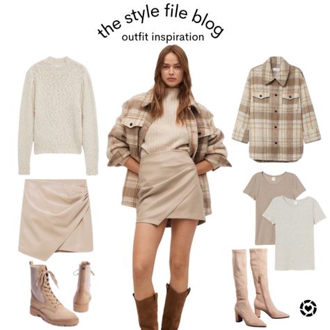 Tan Suede Skirt Outfit Winter, Beige Suede Boots Outfit, Cream Mini Skirt Outfit, Tan Leather Skirt Outfit, Beige Leather Skirt Outfit, Suede Skirt Outfit Winter, Beige Mini Skirt Outfit, Outfit With Leather Skirt, Tan Skirt Outfits