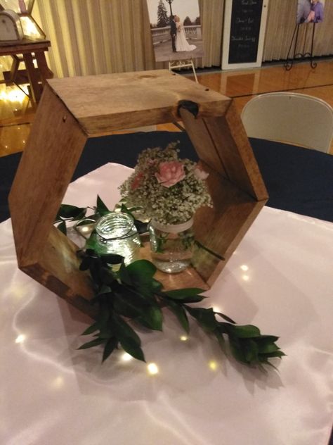 Hexagon Centerpieces with jars, flowers. Mirror Wedding Centerpieces, Hexagon Centerpiece, Rustic Quinceanera, Hexagon Decor, Simple Wedding Decor, Jordan Wedding, Hexagon Wedding, Hexagon Mirror, Rustic Farm Wedding