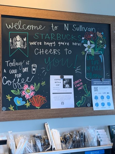 Barista Of The Week Board, Starbucks Sign, Starbucks Community Board Ideas, Starbucks Partner, Starbucks Community Board, Starbucks Board Ideas, Starbucks Chalkboard, Spring Coffee Shop Signs, Starbucks Coffee Menu Board