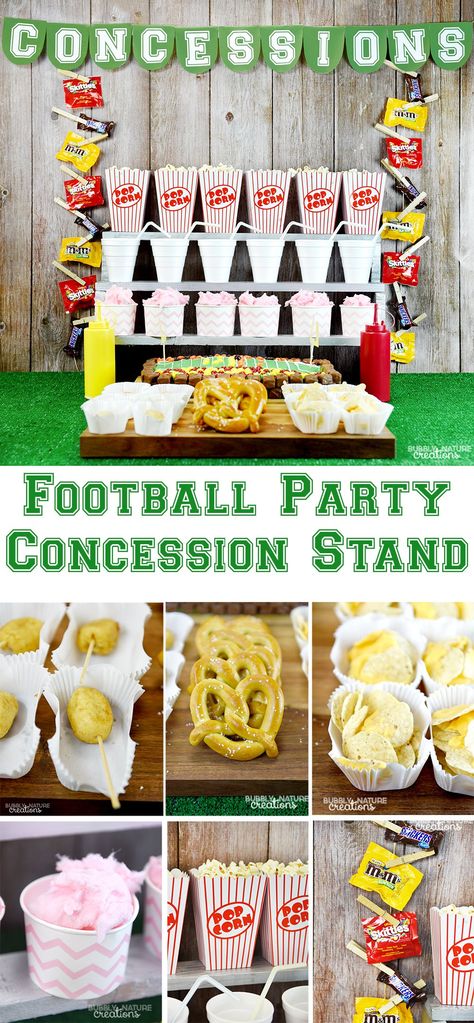 Football Party Concession Stand! Such a fun idea for a super bowl party with free printables Football Concession Stand, Candy Bar Comunion, Sports Party Games, Kids Sports Party, Concession Stands, Hockey Birthday, Sports Theme Birthday, Sports Birthday Party, Football Theme Party