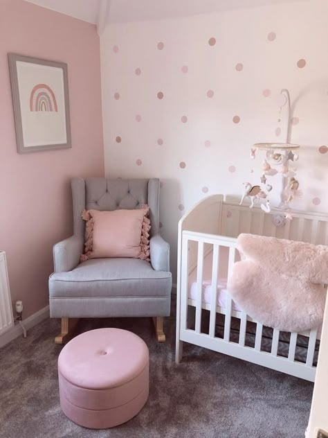 Baby Girl Nursery Room Pink, Pink And Polka Dot Bedroom, Pink Polka Dot Nursery, Pink Polkadot Nursery, Blush Pink Accent Wall Nursery, Natural Wood And Pink Nursery, Pink Room For Toddler Girl, Polka Dot Room Decor Girls Bedroom, Pink And Grey Baby Room