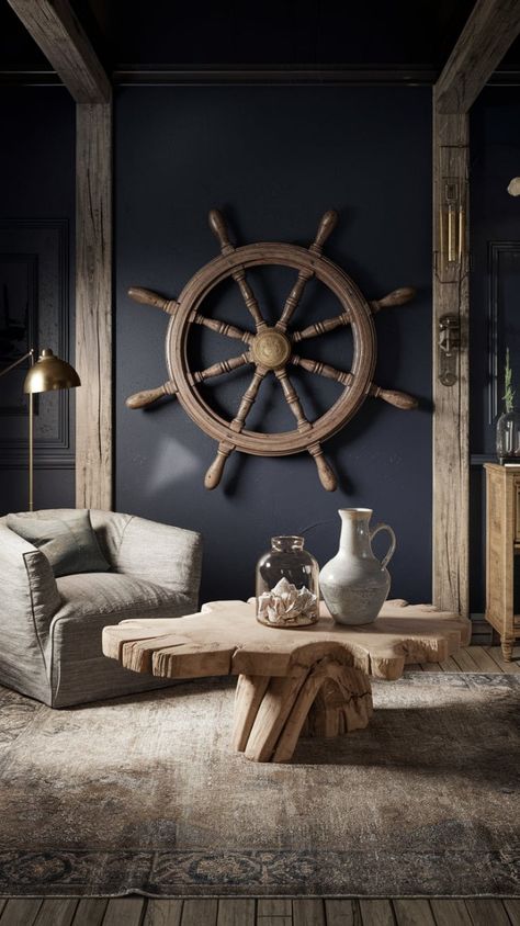 Transform your space with Dark Nautical Aesthetic Decor, featuring deep navy tones, weathered wood, and maritime accents. This style blends Dark Interior Design Modern, Dark Home Aesthetic, and Dark House Aesthetic for a luxurious coastal vibe. Layered decor like ceramic vases, driftwood tables, and textured rugs create a curated, high-end look. Click this Pinterest board for more inspiration to elevate your Dark Home Decor! #NauticalDecor #CoastalStyle #ModernNautical 🌊⚓ Dark Coastal Living Room, Dark Coastal Aesthetic, Dark Interior Design Modern, Lighthouse Interior, Dark House Aesthetic, Dark Home Aesthetic, Dark Nautical Aesthetic, Layered Decor, Dark Nautical