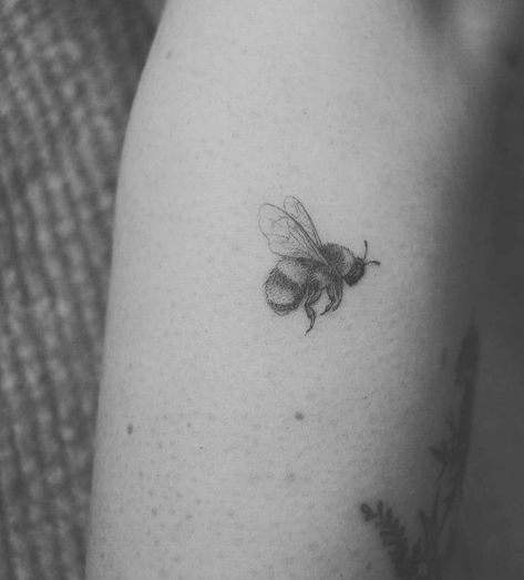 3 Bumble Bee Tattoo, 3 Bee Tattoo Ideas, Fine Line Bumble Bee, Minimalistic Bee Tattoo, Flying Bumble Bee Tattoo, Hunny Bee Tattoo, Bumble Bee On Flower Tattoo, Side Bee Tattoo, Fine Line Bumblebee Tattoo