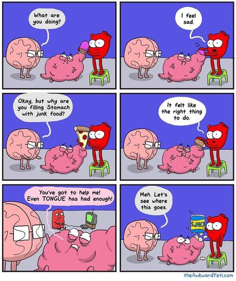 Would've loved brain getting some serotonin bribe in this Akward Yeti, Heart And Brain Comic, Heart Vs Brain, Awkward Yeti, The Awkward Yeti, Funny Comic Strips, Medical Humor, Comics Memes, Super Ideas