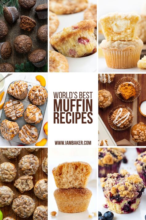 There are 8 images all of different types of muffins around a center block with the title "world's best muffin recipes". Banana Crunch Muffins, Best Muffin Recipe, Homemade Muffins Recipe, Muffin Pan Recipes, Easy Impressive Dessert, Peach Muffins, I Am Baker, Banana Muffin Recipe, Strawberry Muffins