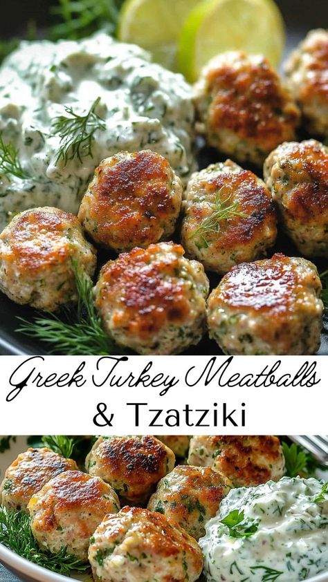 Infuse your meals with Mediterranean flair using Greek Turkey Meatballs and tzatziki. These oven-baked meatballs boast fresh herbs, garlic, and tangy yogurt sauce, making them ideal for healthy winter recipes or cozy fall nights. A delicious balance of flavor and nutrition in every bite. Mediterranean Steak Bites, Turkey Feta Meatballs And Lemon Crema, Turkey And Feta Meatballs, Chicken Meatballs With Tzatziki, Healthy Ground Turkey Dinner Recipes, Greek Chicken Meatballs With Tzatziki, Greek Chicken Bites, Winter Greek Food, Mediterranean Winter Recipes