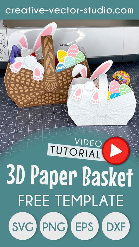 Get your hands on our Free Paper Basket SVG! Since Easter’s right around the corner, I’ve sprinkled in some festive Easter decor into this template. But hey, feel free to get creative and pop in some flowers or any other thematic decorations you fancy. It’s all about making it your own!  #free3dbasketsvg #freesvg #diypaperbasketsvg #freetemplate #freebasketsvgcutfile #freebasketsvgtemplate #paperbasketsvg #paperbaskettemplate Cardstock Easter Basket, Free Easter Svgs For Cricut, Cricut Boxes, Egg Svg Free, Free Easter Svg, Bunny Svg Free Cricut, Easter Basket Template, Cricut Valentines, Easter Svg Files